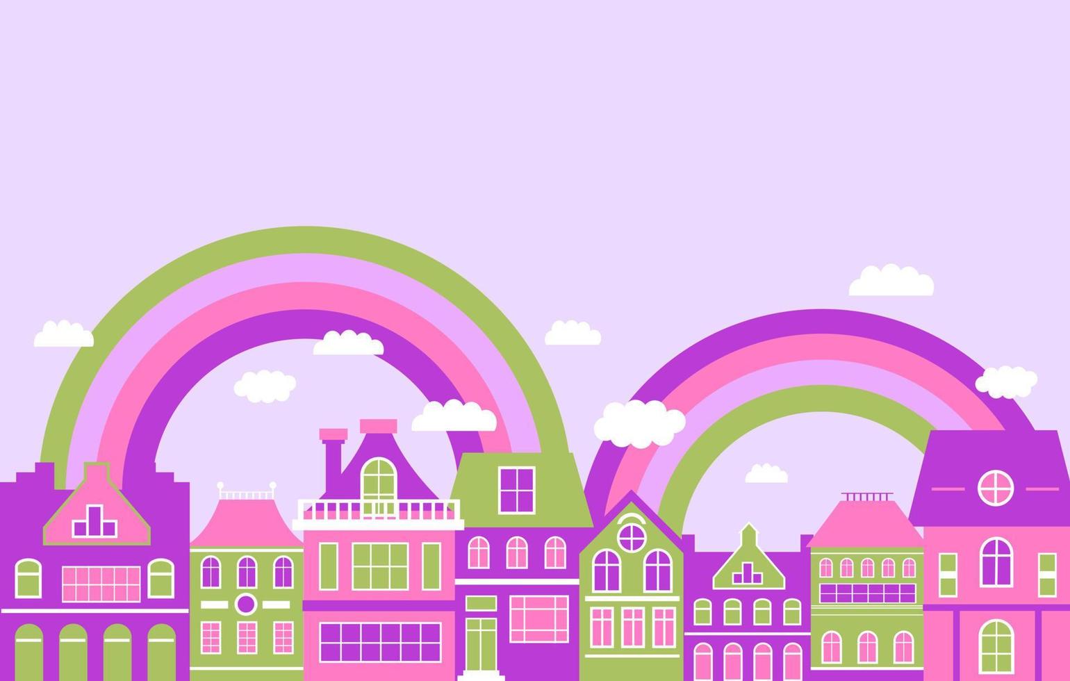 las casas coloridas se encuentran en una fila cerca una de la otra sobre las casas: un arco iris y nubes. plantilla para postales, sitio. vector