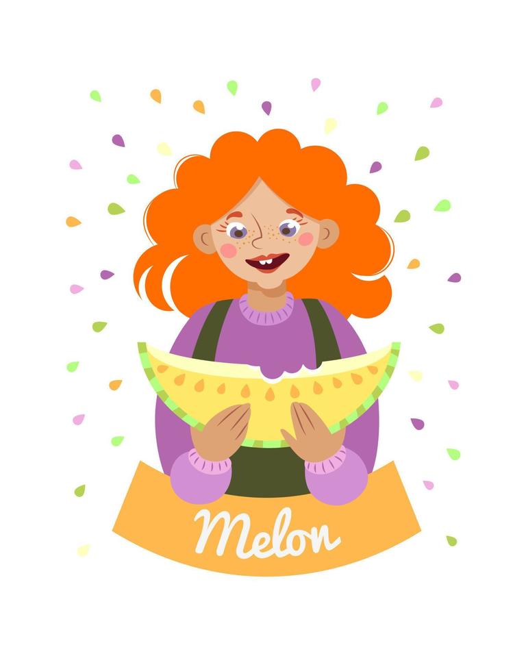 A cute red-haired girl holding a slice of melon in her hands. poster, postcard, label vector
