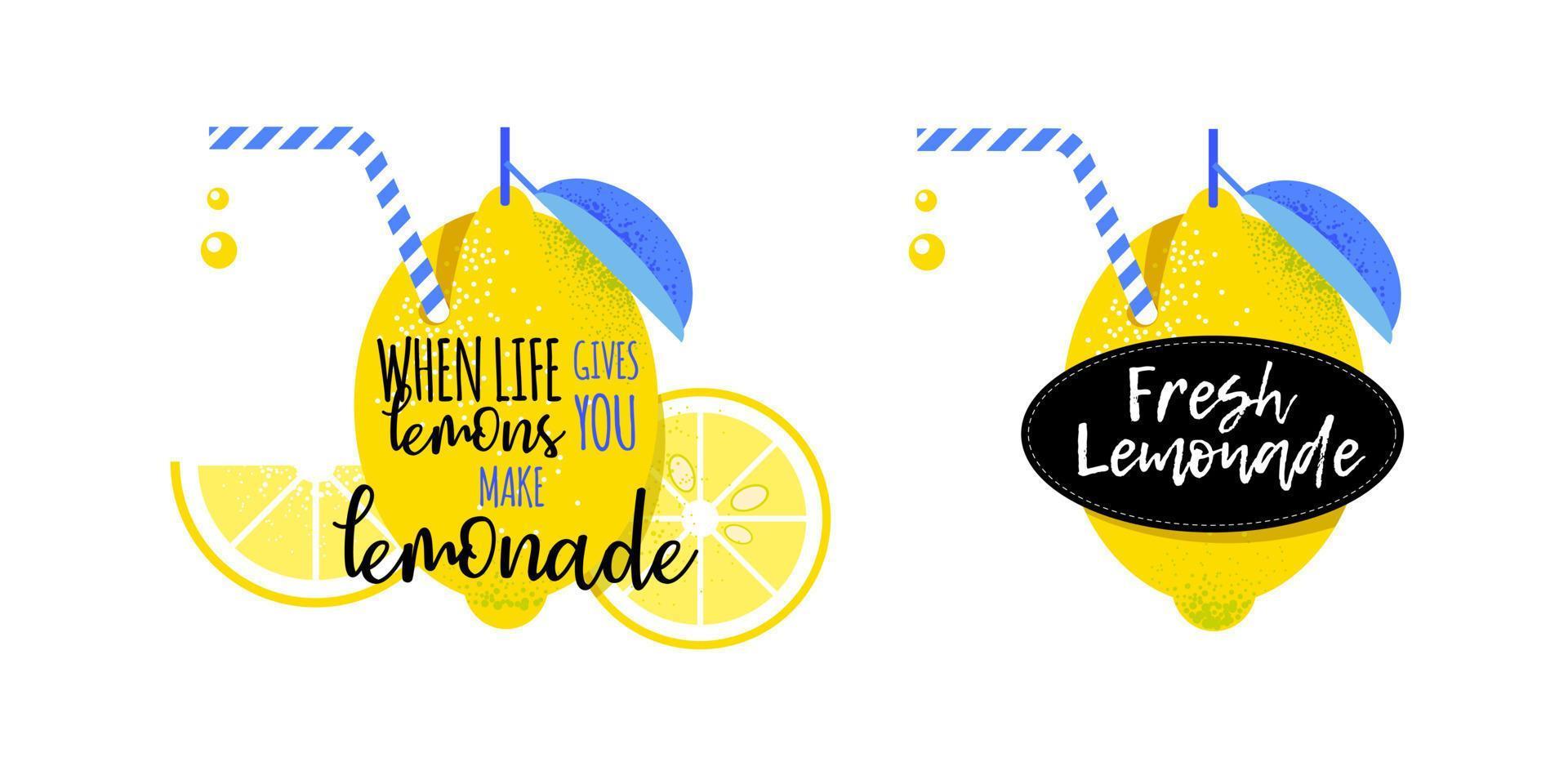 yellow lemon with a blue leaf and a white-blue striped straw. fresh lemonade. poster, label. vector