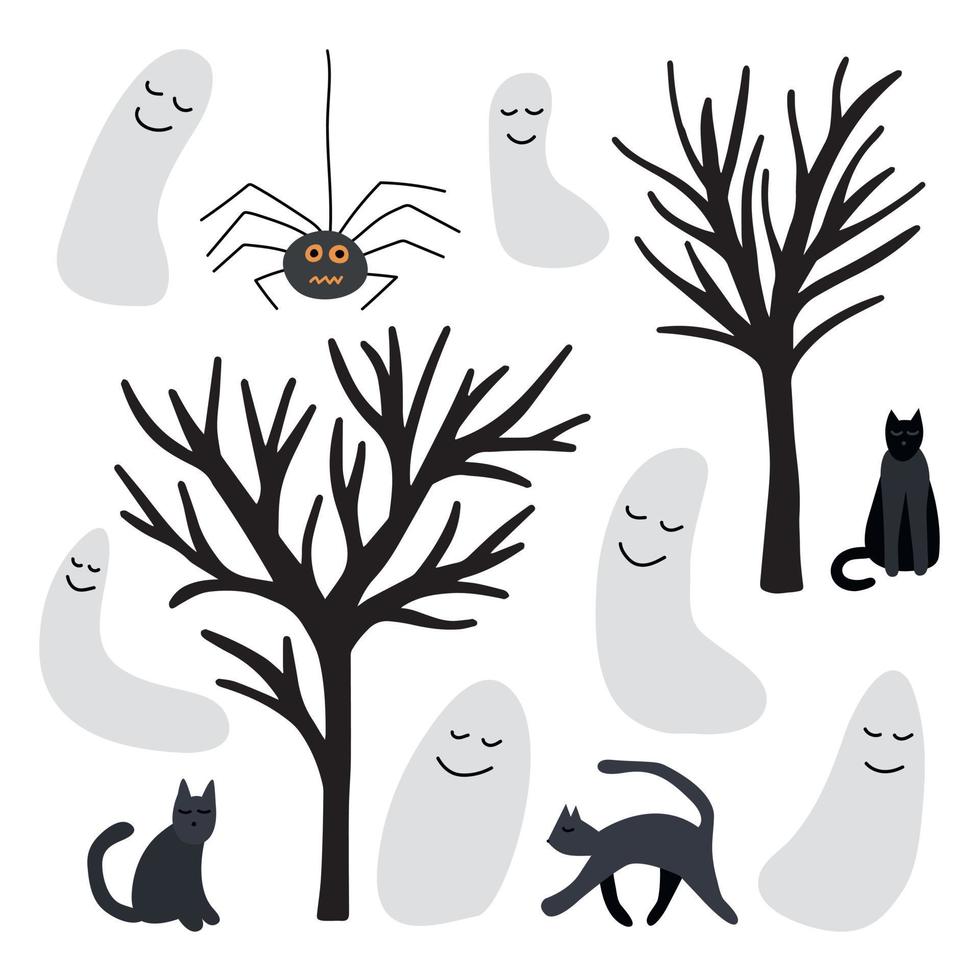 conjunto de fantasmas vectoriales, gatos y arañas. lindos emenets de halloween ambientados en estilo de dibujos animados vector