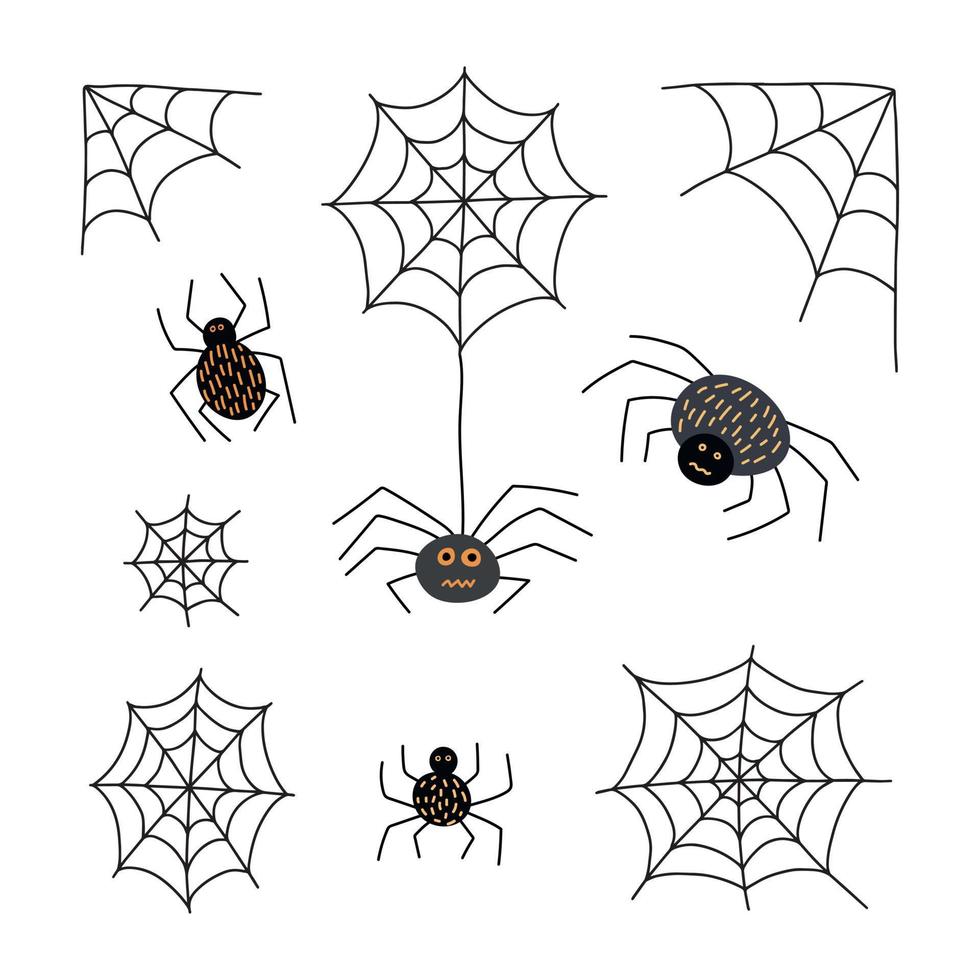 arañas y conjunto de vectores web. garabato, halloween, conjunto