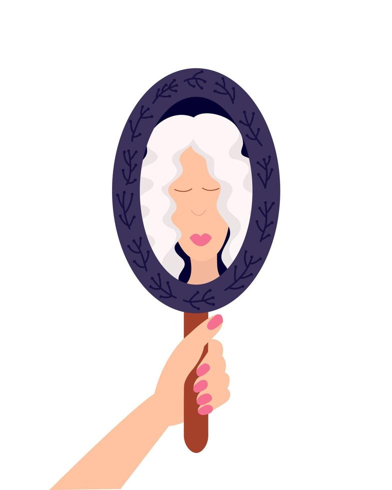 Blond woman looking in mirror flat style illustration. Womanm holding hand mirror and looking in it. vector