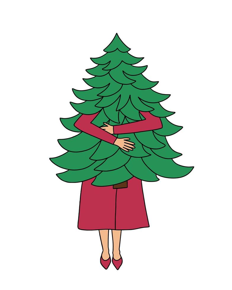 mujer elegante en abrigo con tarjeta de saludo de vector de árbol de navidad