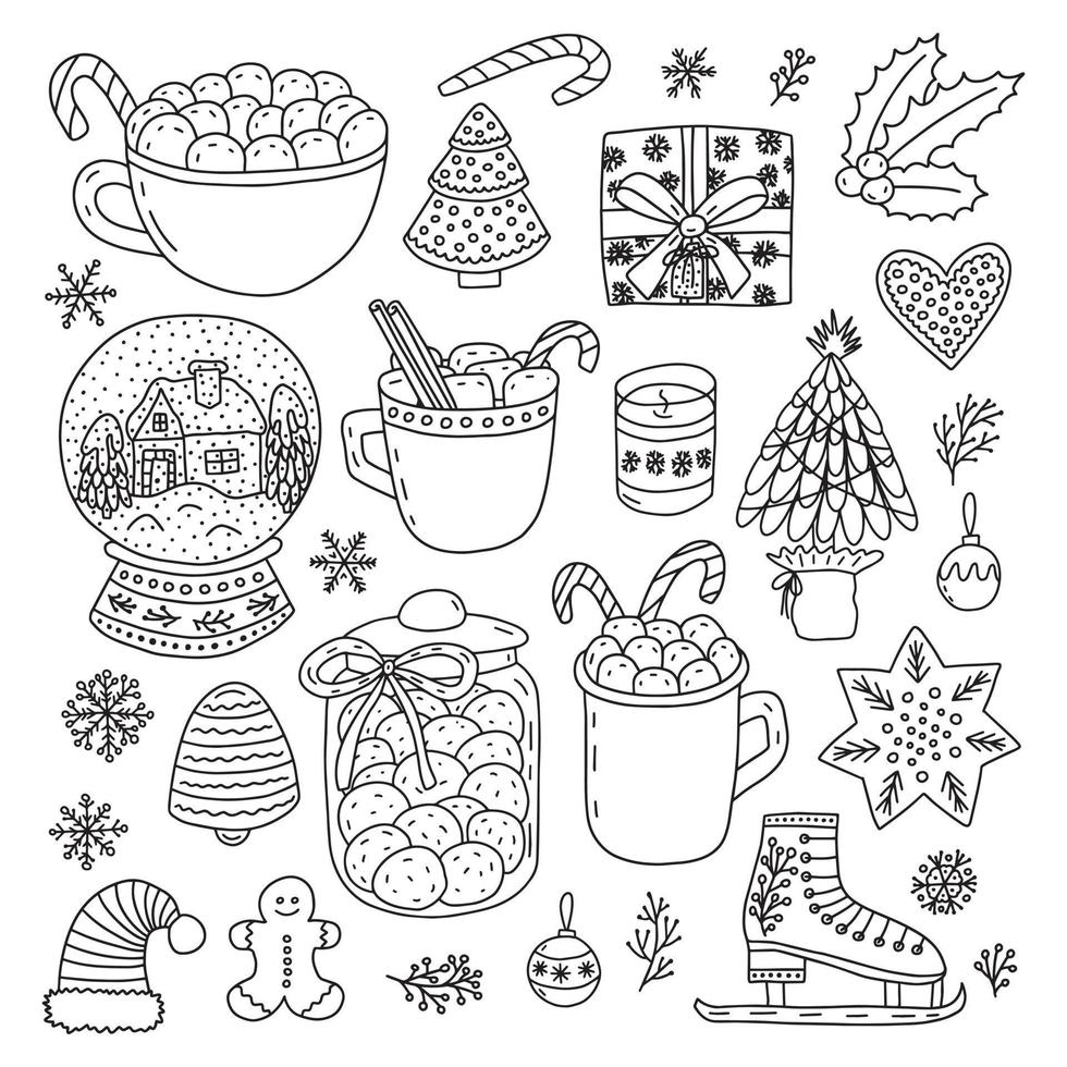 Hand drawn doodle Christmas elements set. Cute vector Christmas desserts set. Cocoa with marshmallows, gingerbread cookies and big jar with chocolate cookies