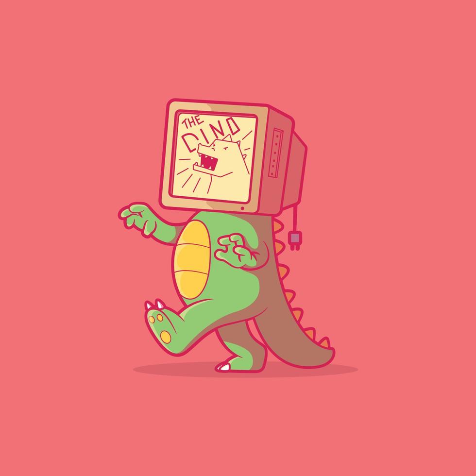 Cute Dino character with a tv set on head vector illustration. Mascot, funny, imagination design concept.