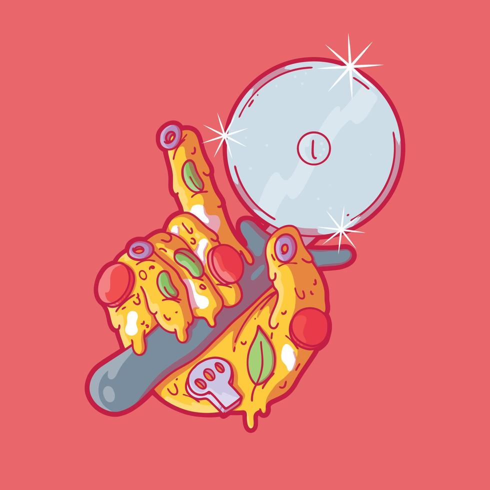 mano de pizza sosteniendo una ilustración de vector de rebanador de pizza. comida, divertido, concepto de diseño de marca.