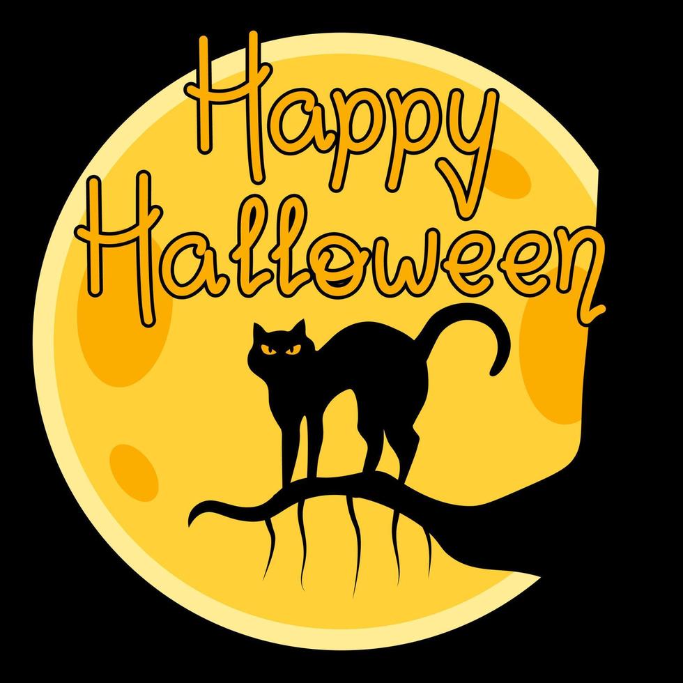 Happy Halloween Postcard With Cat On The Tree Branch Vector Illustration In Flat Style