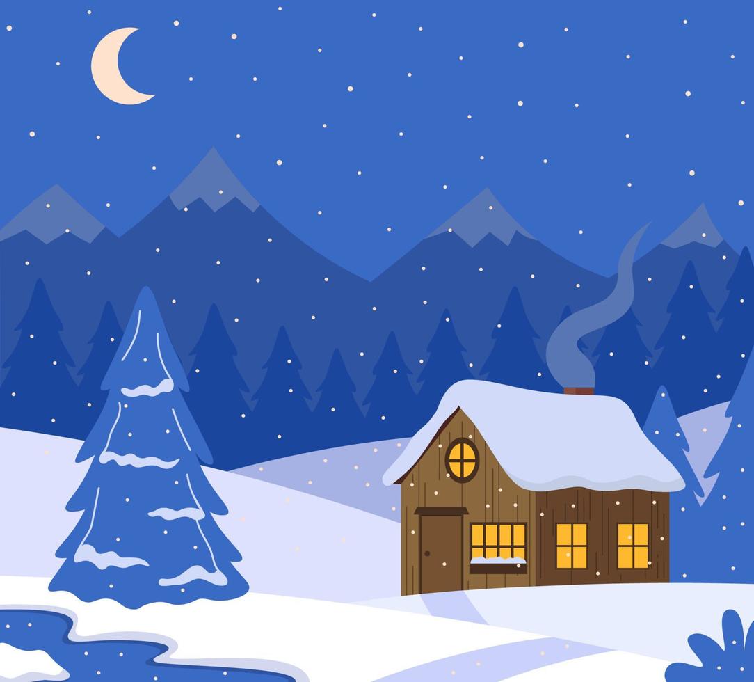 cabaña en paisaje invernal con montañas en la ilustración de vector de noche en estilo plano