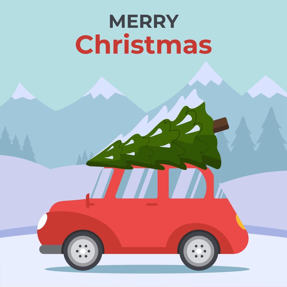 coche rojo con ilustración de vector de árbol de navidad en estilo plano para postal o pancarta