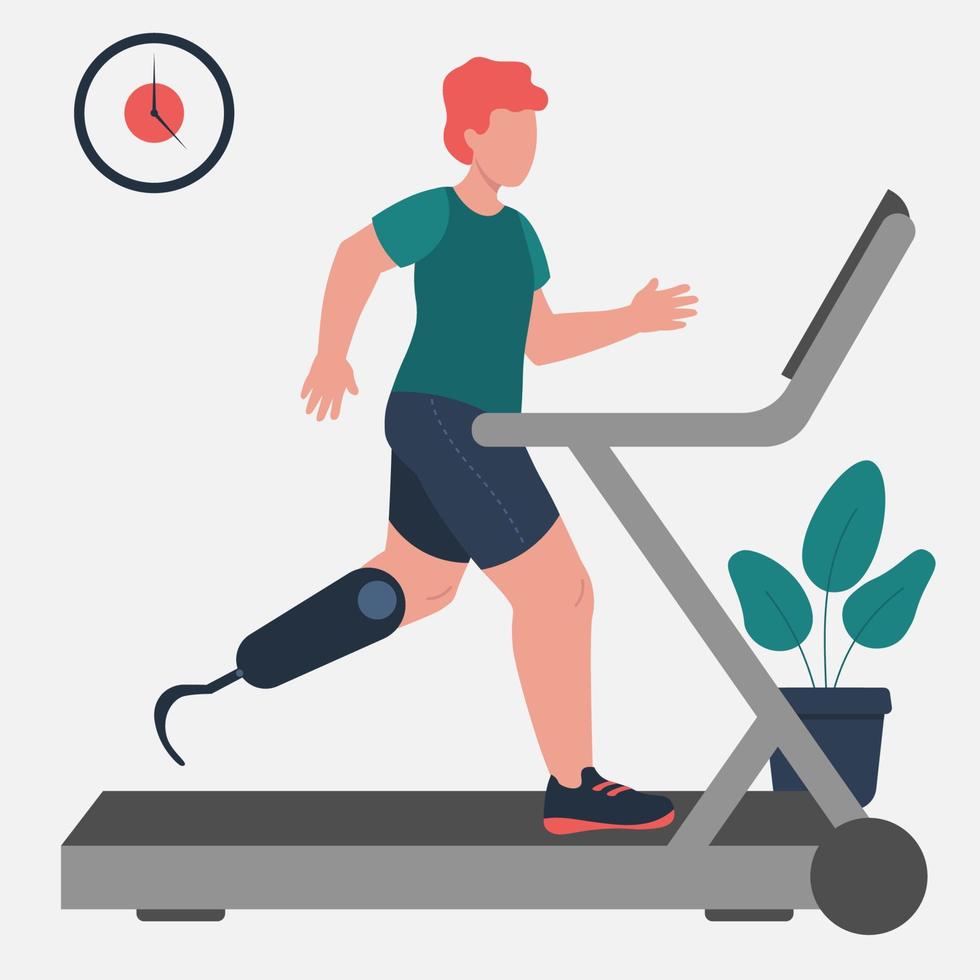 Concept Of Runner With Prosthetic On Treadmill For Inclusion Sport Flat Style Vector Illustration