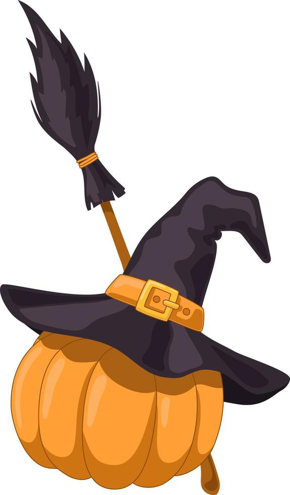 Pumpkin in a magic hat with broom vector