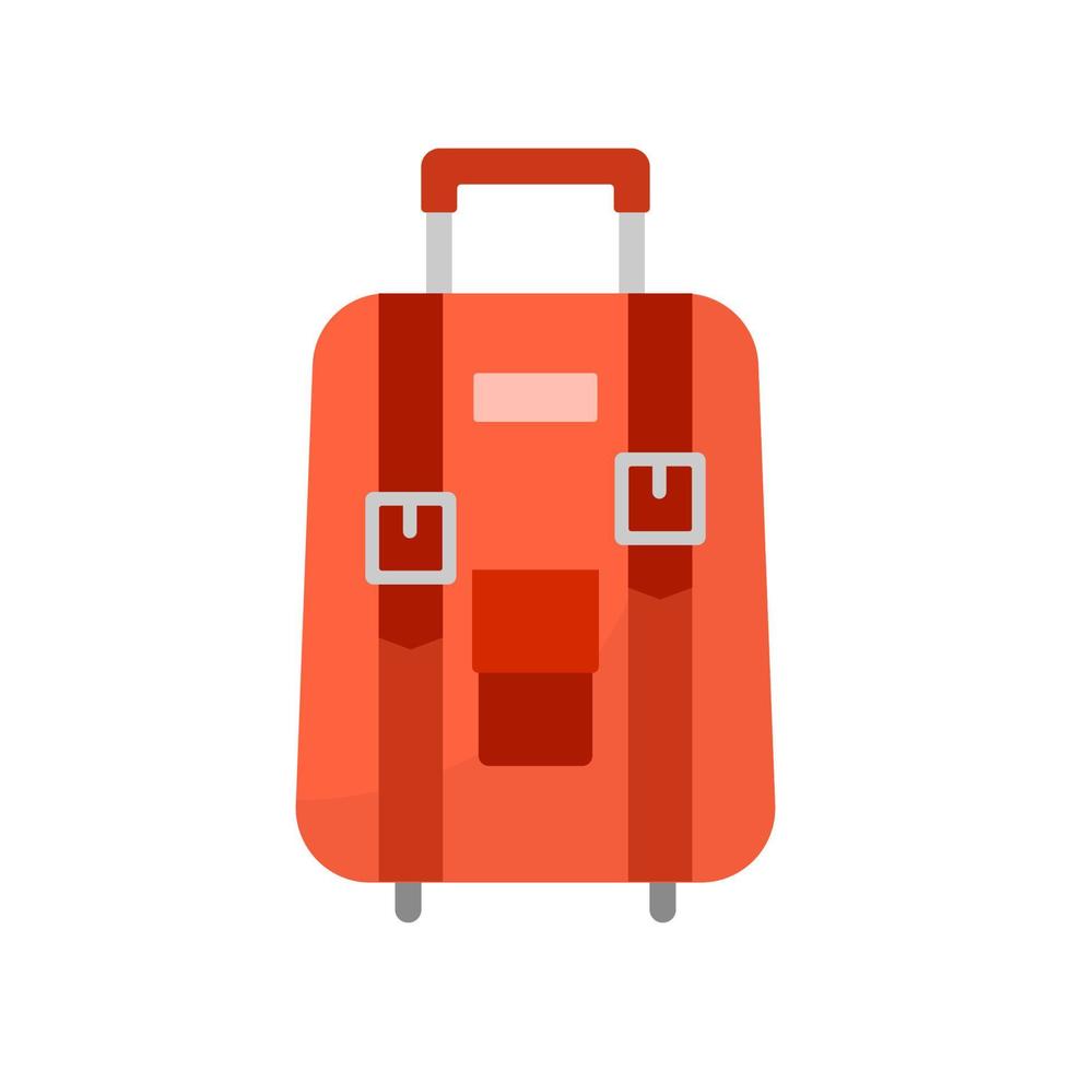 Red wheeled travel bag with luggage on white background. Suitcase for journey trip in flat style. Vector illustration