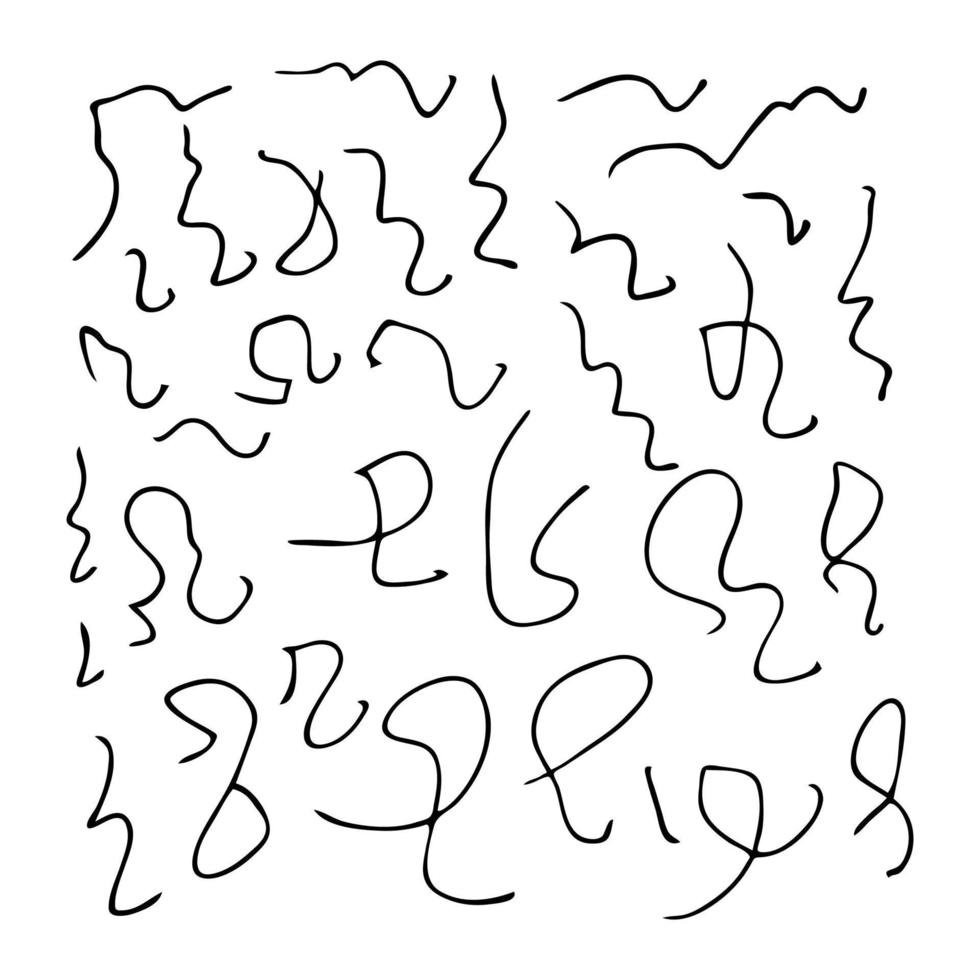 Hand drawn squiggles. Set of curly swirls. Black sketch isolated on white background. Vector illustration.