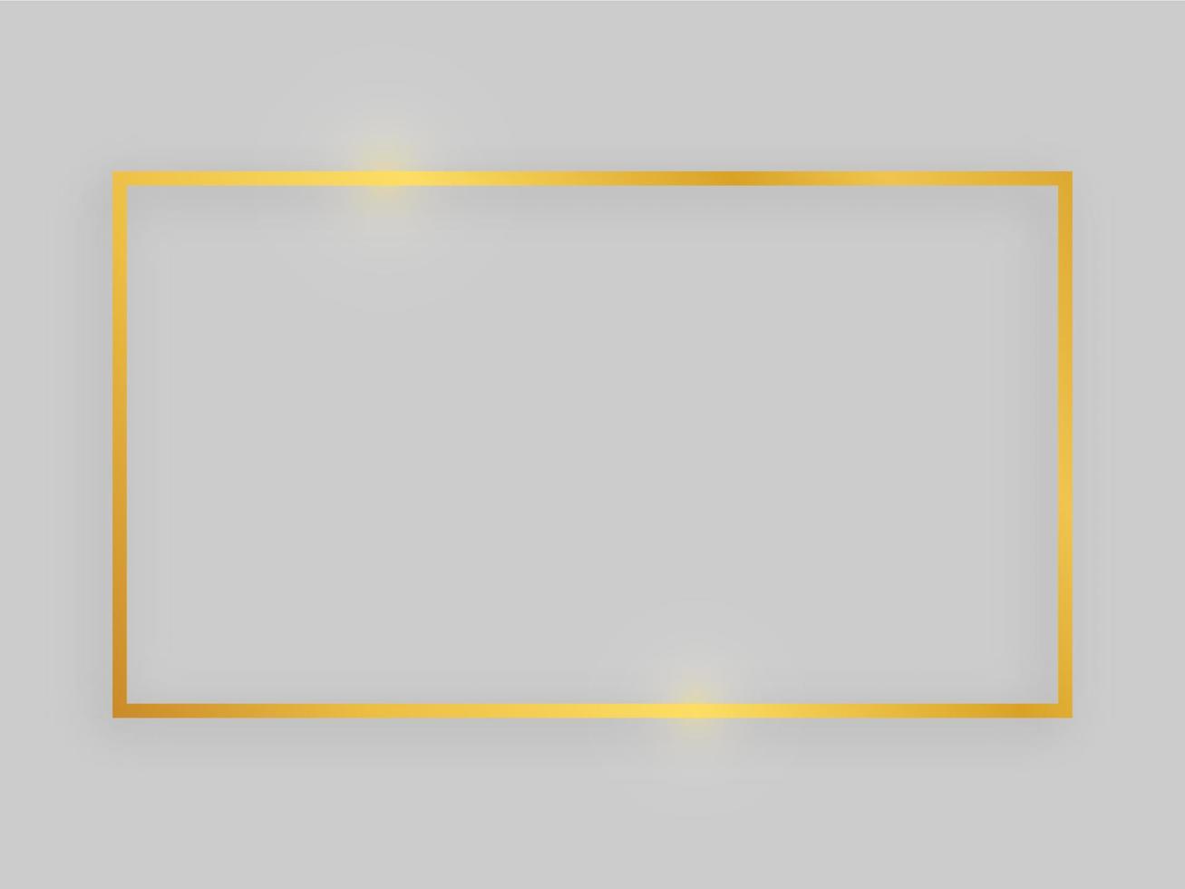 Shiny frame with glowing effects. Gold rectangular frame with shadow on grey background. Vector illustration