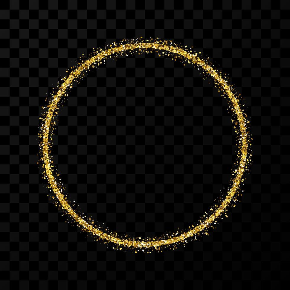 Gold glitter frame. Circle frame with shiny sparkles on dark transparent background. Vector illustration