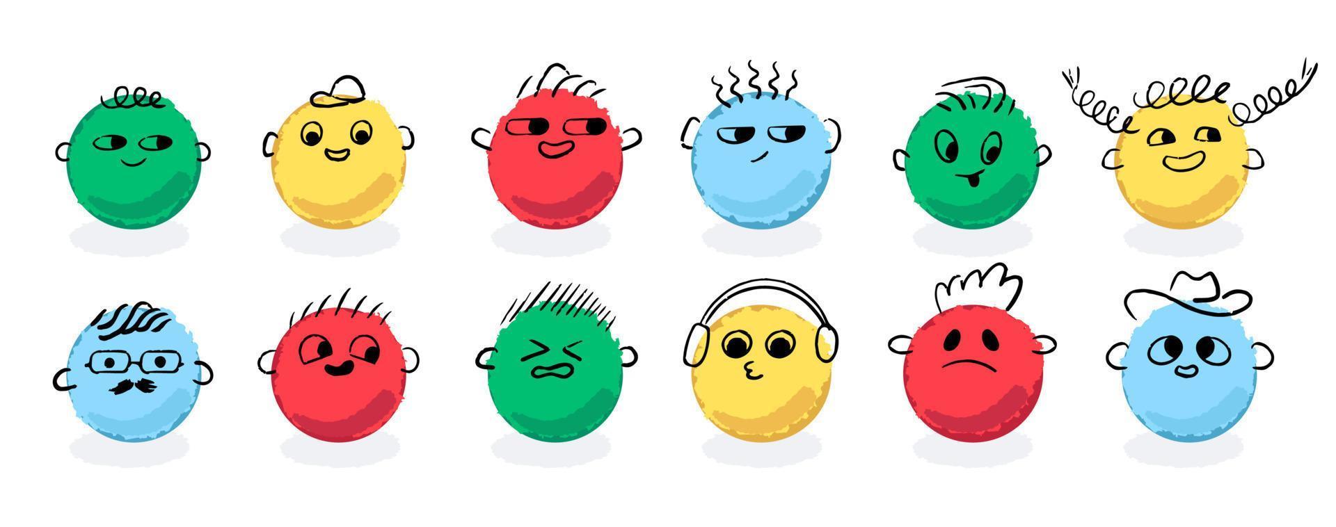 Funny hand-drawn characters. Cute colorful shapes with different emotions, different rough round figures. vector