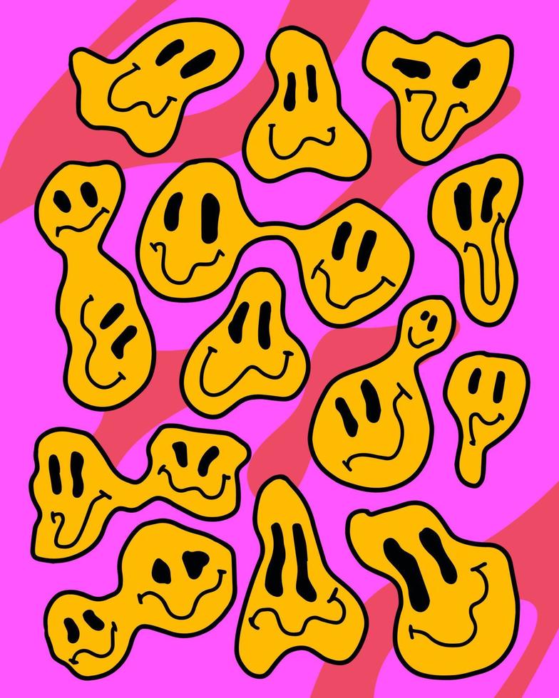 Psychedelic fluid emojis. Acid rave print. vector