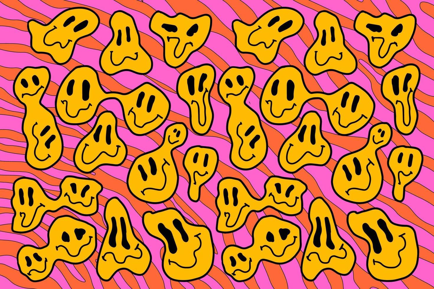 Psychedelic groovy fluid emojis. Acid rave wallpaper. 12786642 Vector
