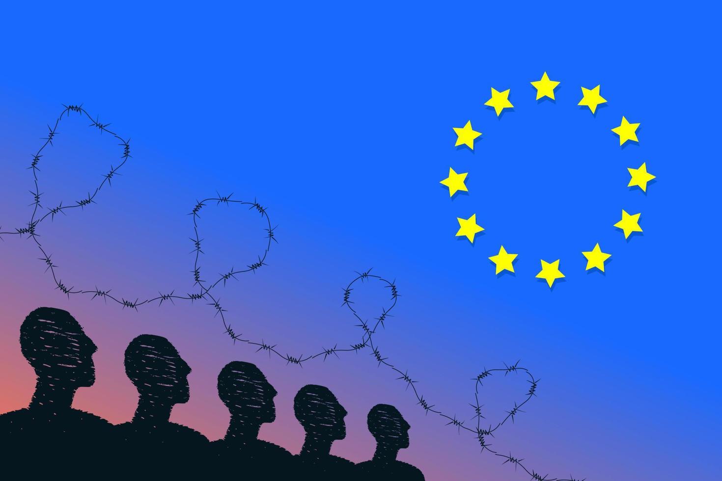 A silhouette of people with barbed wire over them and a sign of EU. A metaphor of visa restrictions for Russians to enter the European Union. vector