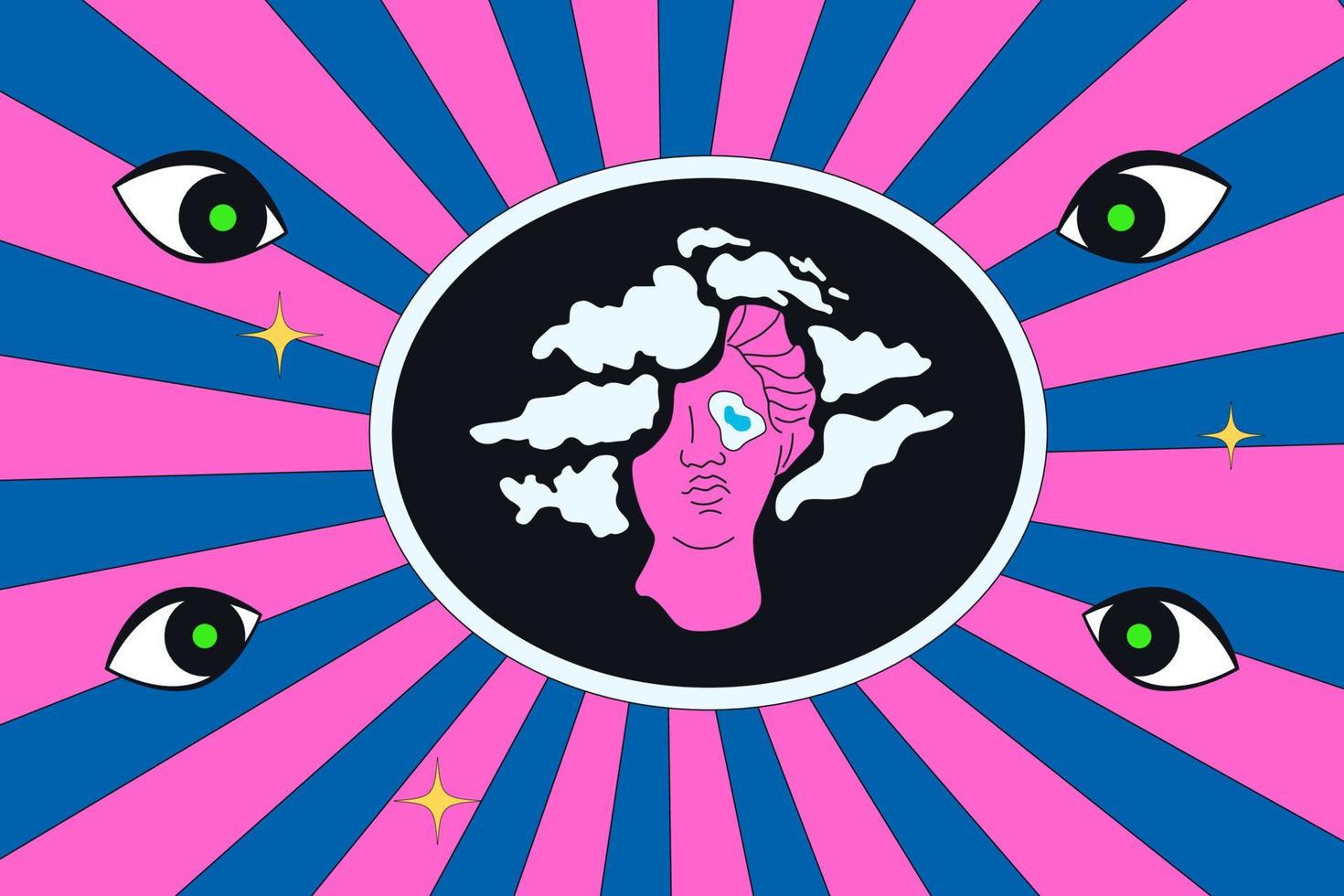 Groovy psychedelic illustration with weird Greek statue, eyes and stars. Acid trippy illustration. vector