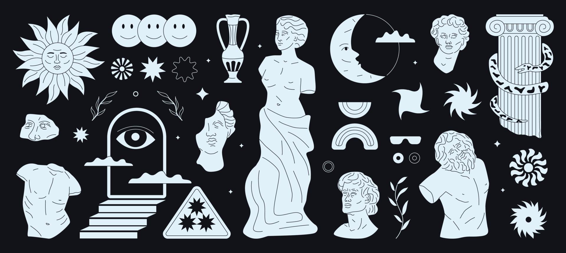 Monochrome hand drawn trendy figures and aesthetic greek statues. vector