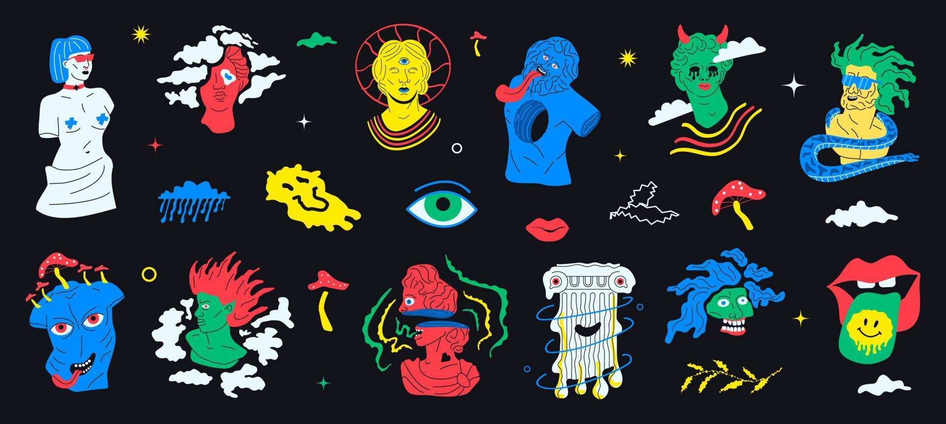 locas esculturas y símbolos trippy. Elementos ácidos de la mitología griega. vector