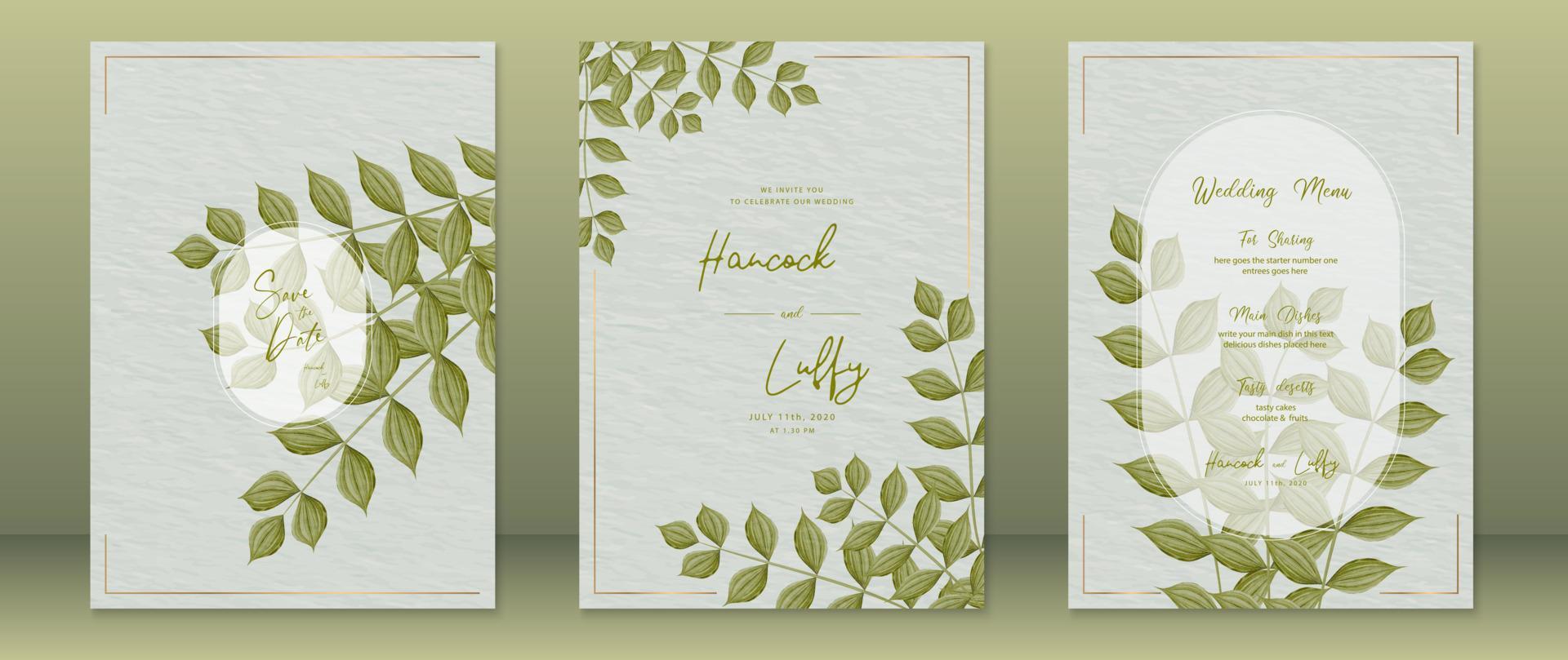 plantilla de tarjeta de invitación de boda con diseño de naturaleza verde vector