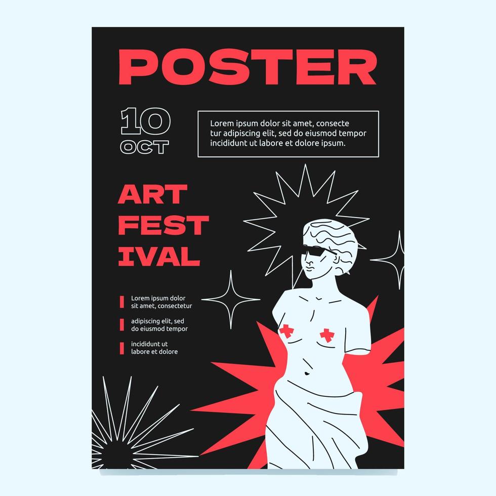 un póster brillante y contrastante con una escultura estilizada de una diosa griega. plantilla de invitación para un evento, exposición, espectáculo. vector