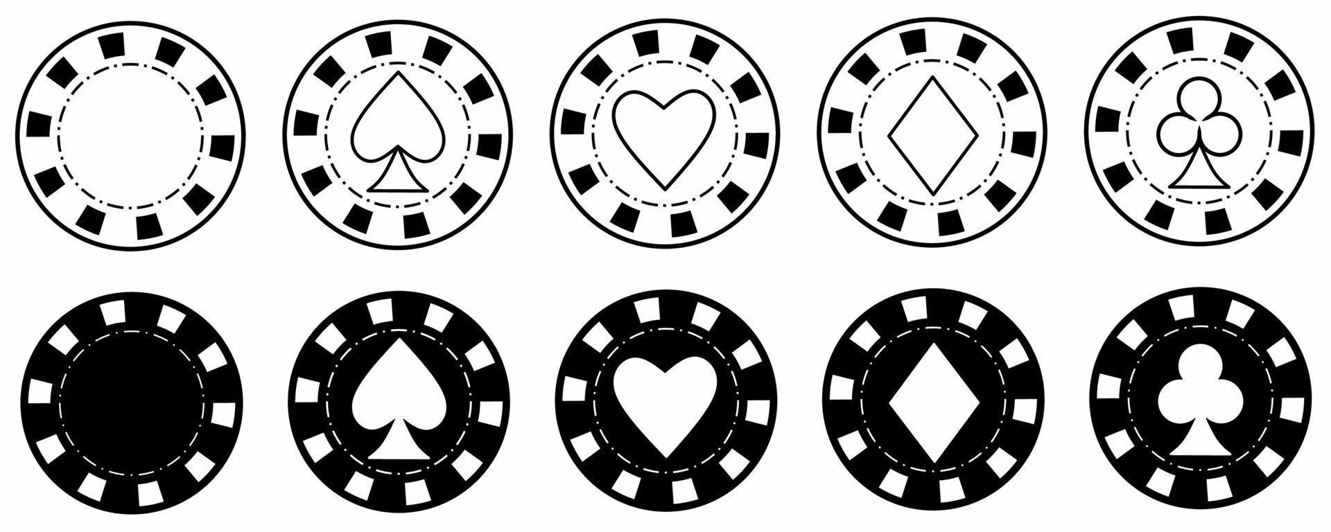 Esquema silueta fichas de póquer conjunto de iconos aislado sobre fondo blanco. vector