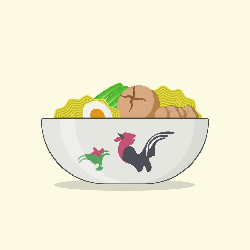 albóndiga en vector de ilustración de tazón, comida indonesia, completa con huevo, fideos y vegetales.