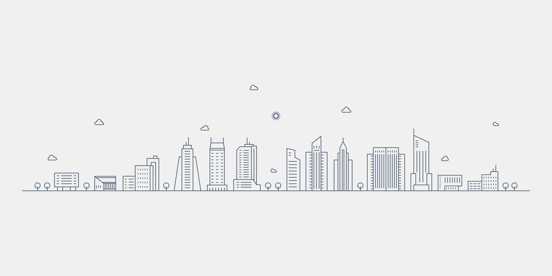 Cityscape. Modern flat line landscape vector. City landscape line art illustration with building, tower, skyscrapers. Vector illustration.