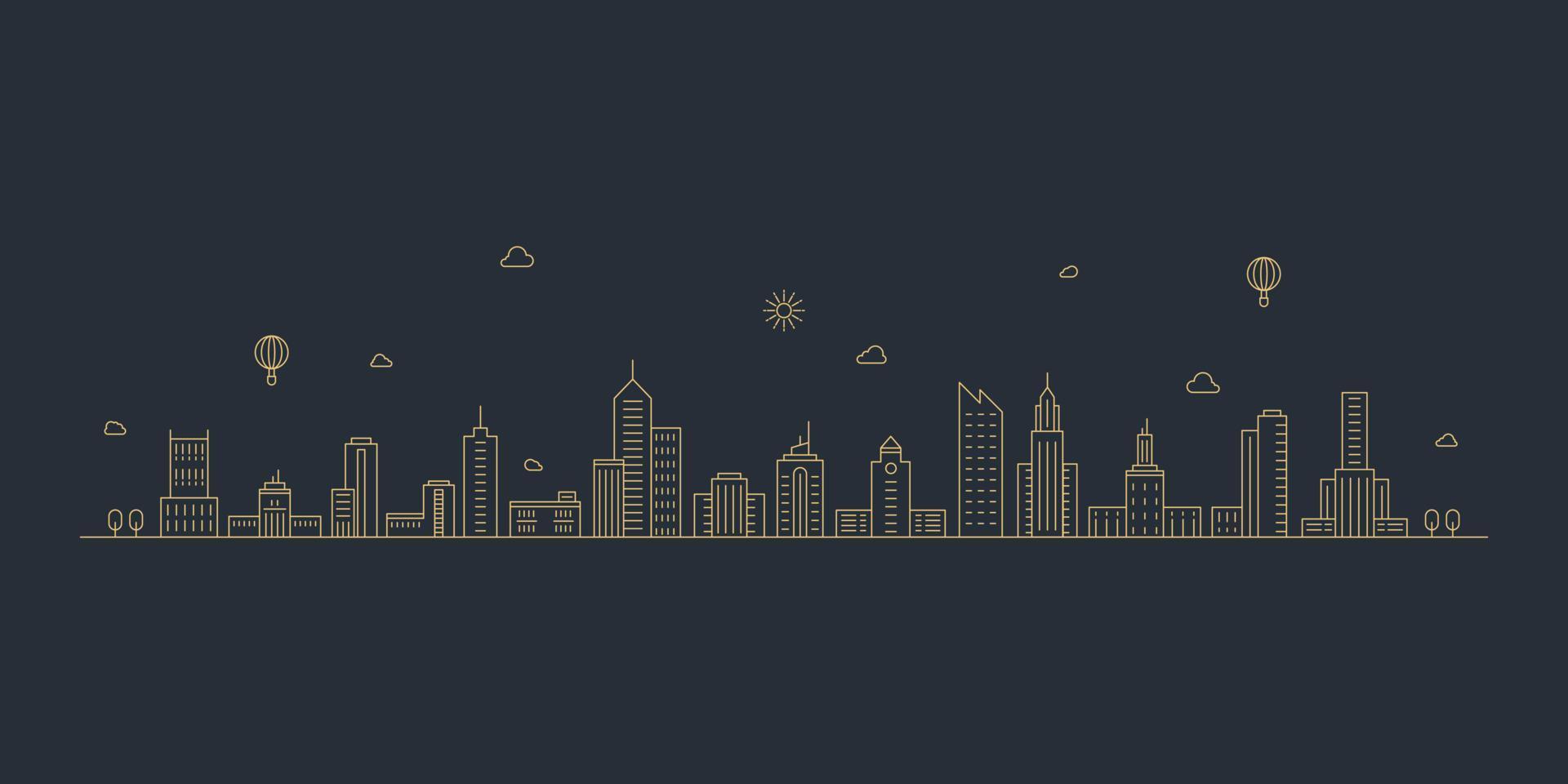 Cityscape. Modern flat line landscape vector. City landscape line art illustration with building, tower, skyscrapers. Vector illustration.