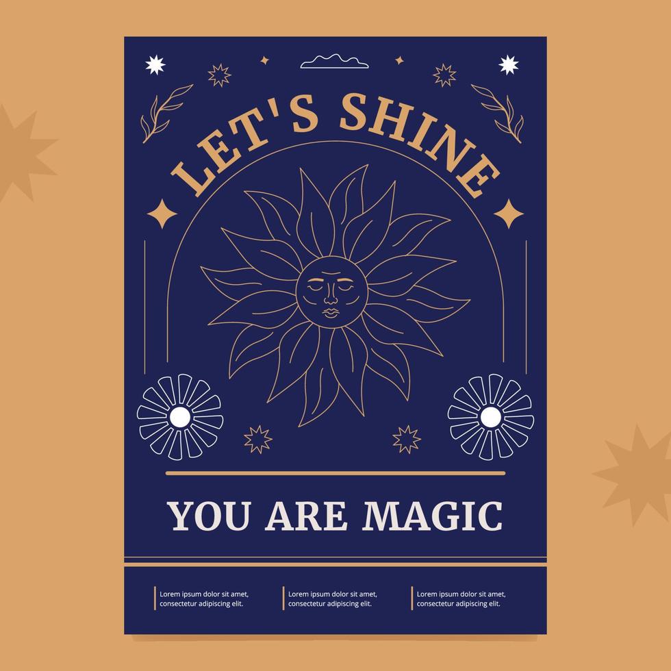 Mystical poster in boho style with the sun and different ornaments. Quote Shine, you are magic. vector