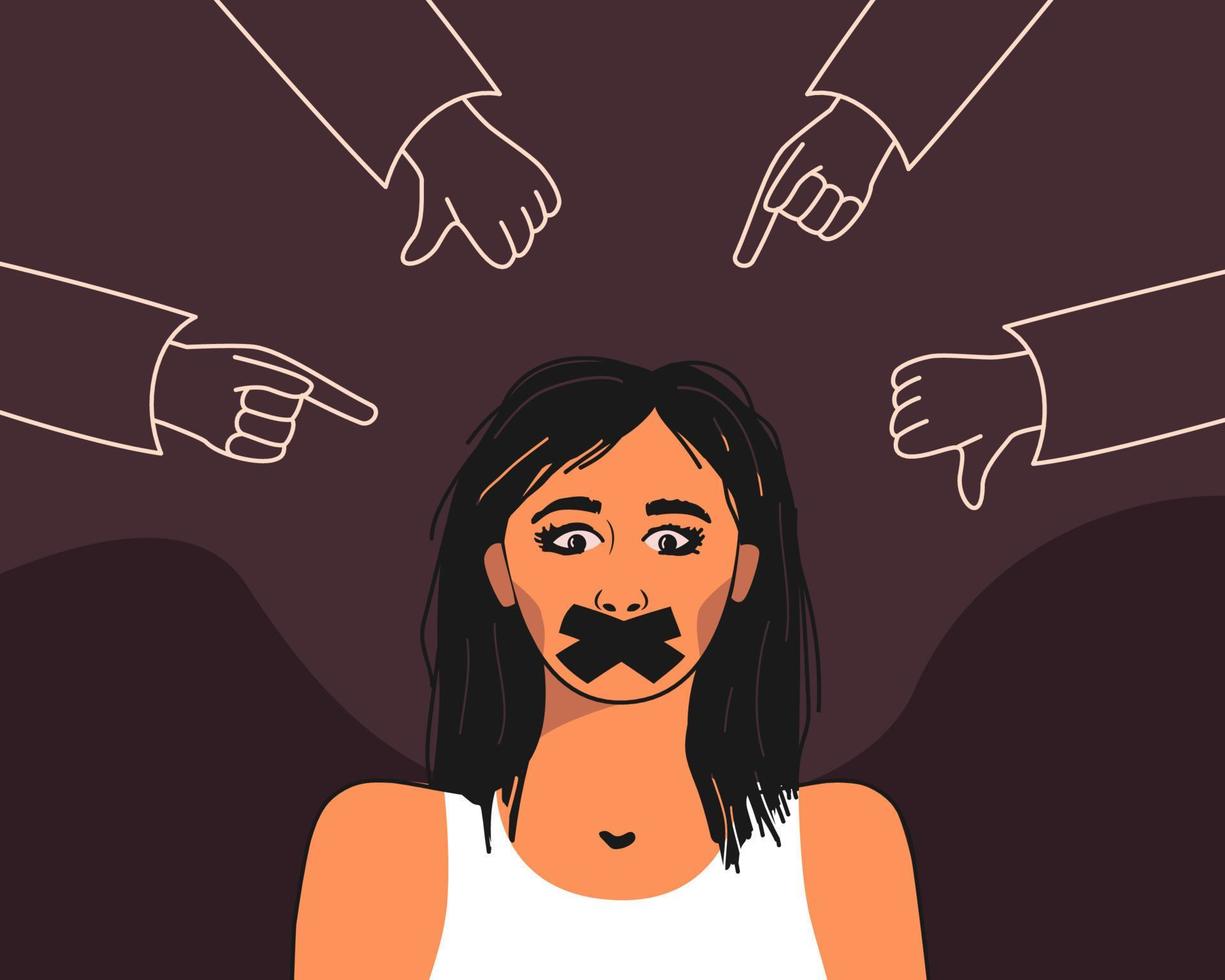 Condemning, shaming hand gestures are directed at a frightened girl with a taped mouth, the concept of accusing the victim of violence. vector