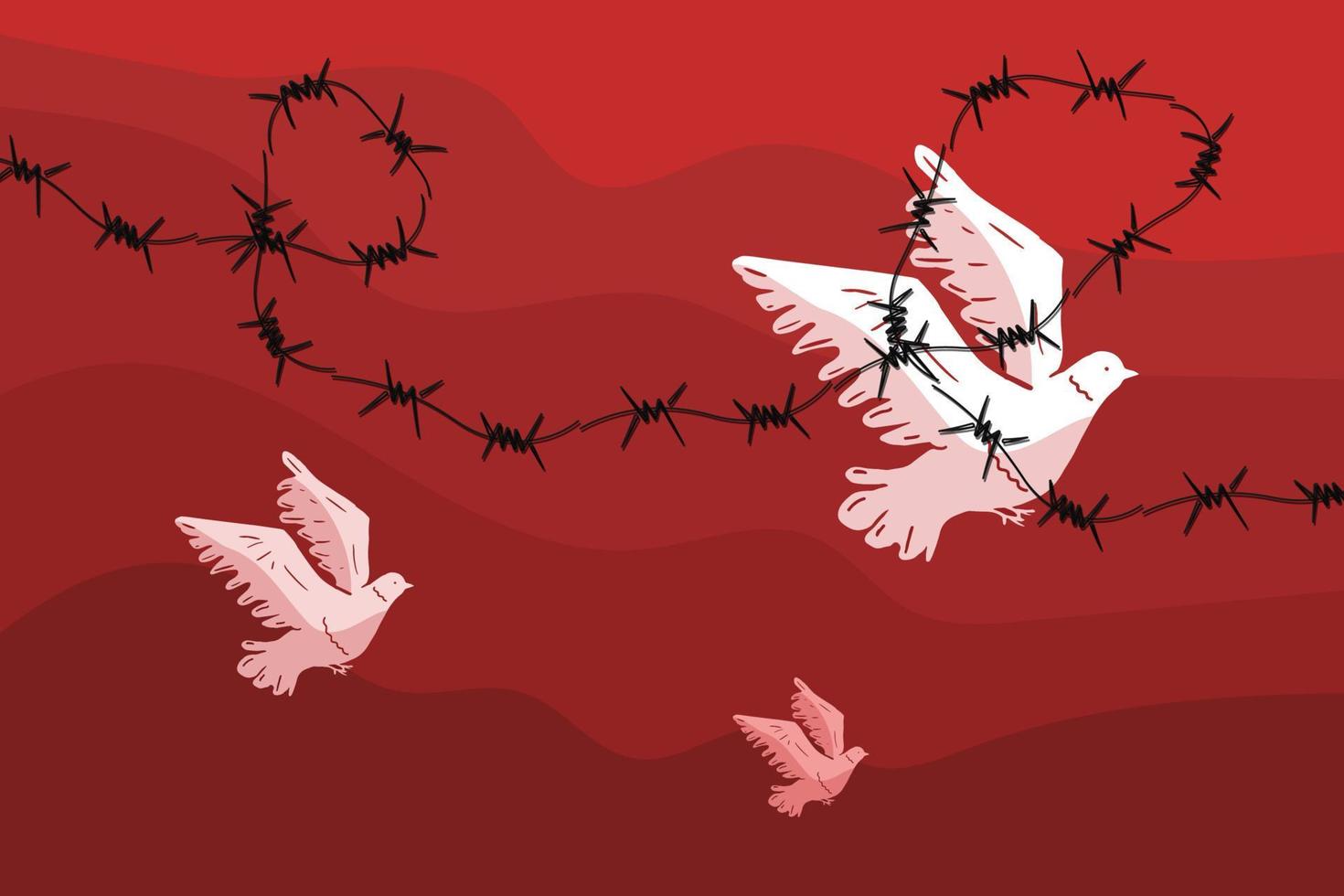 White pigeons on a red sky background, bounded by barbed wire, a symbol of unfreedom, censorship. The metaphor of the impossibility of leaving a totalitarian society, the Iron Curtain. vector