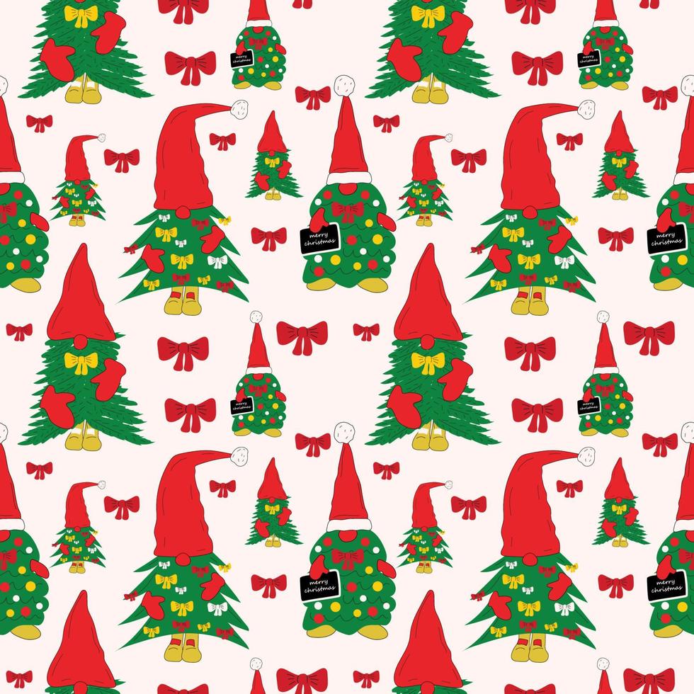 Seamless pattern  with Cute Christmas gnome made of Christmas tree. Vector in cartoon style.