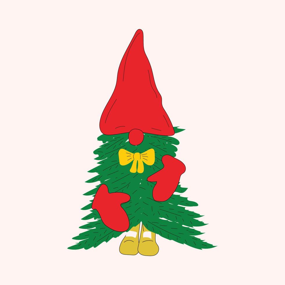 Cute Christmas gnome made of Christmas tree. Vector in cartoon style. All elements are isolated