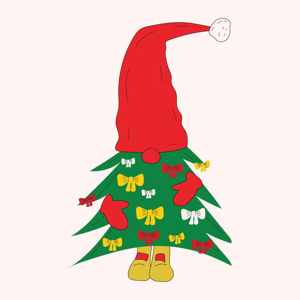 Cute Christmas gnome made of Christmas tree. Vector in cartoon style. All elements are isolated