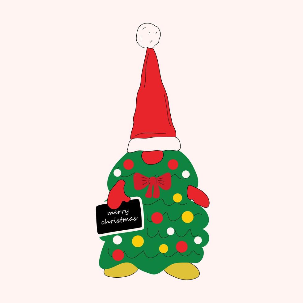 A cute Christmas gnome made of a Christmas tree with a Merry Christmas sign. Vector in cartoon style. All elements are isolated