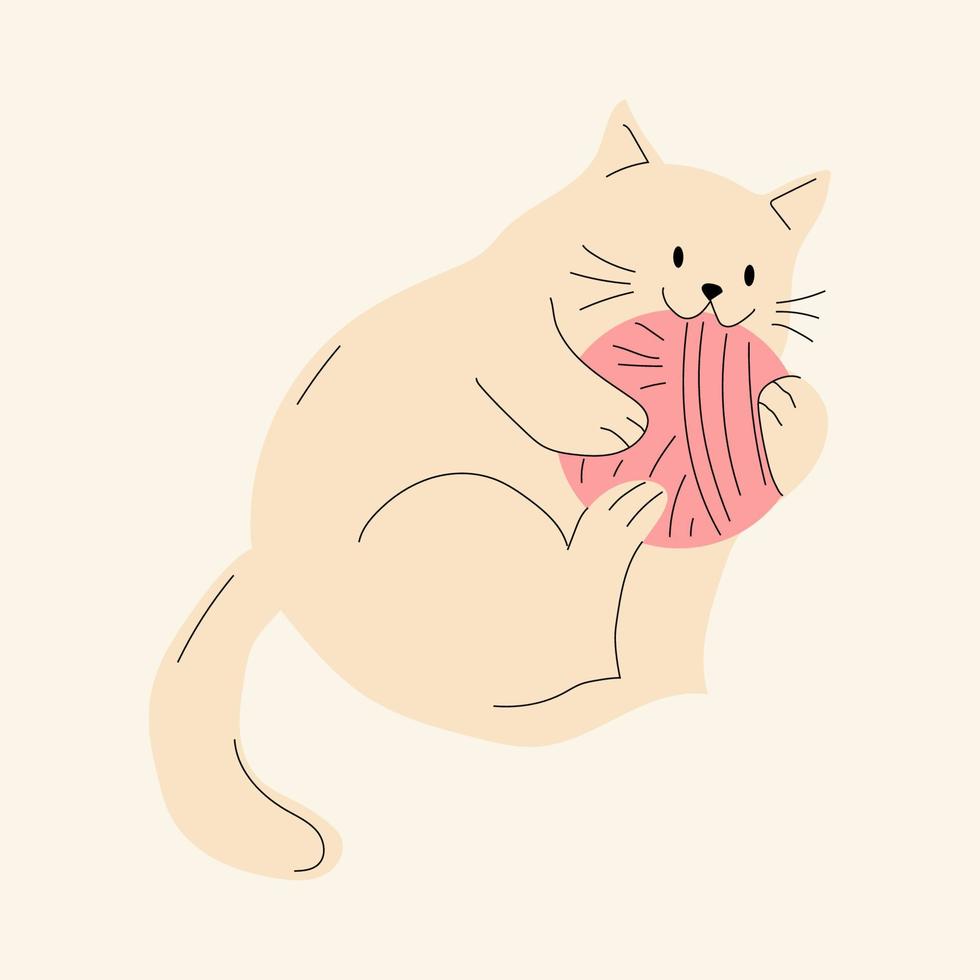 lindo gato con tejido y bolas de hilo. vector