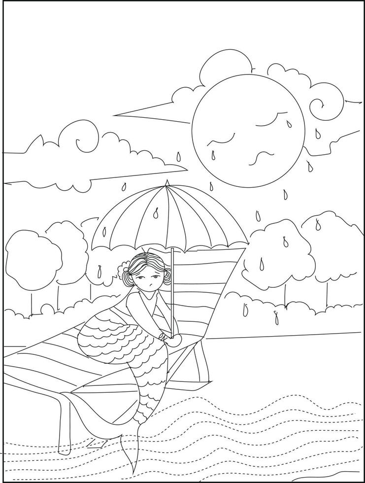 Young mermaid swimming in the ocean. Beautiful princess mermaid Coloring Page. vector