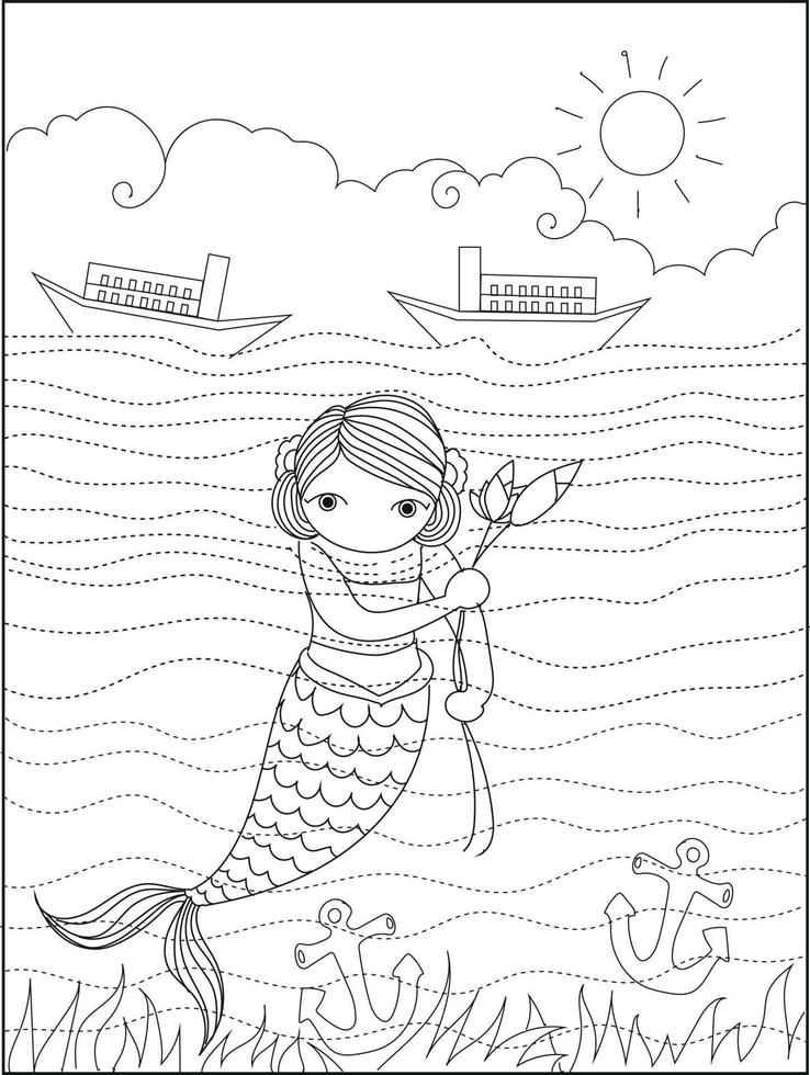 Cute mermaid coloring book. Vector black and white coloring page.