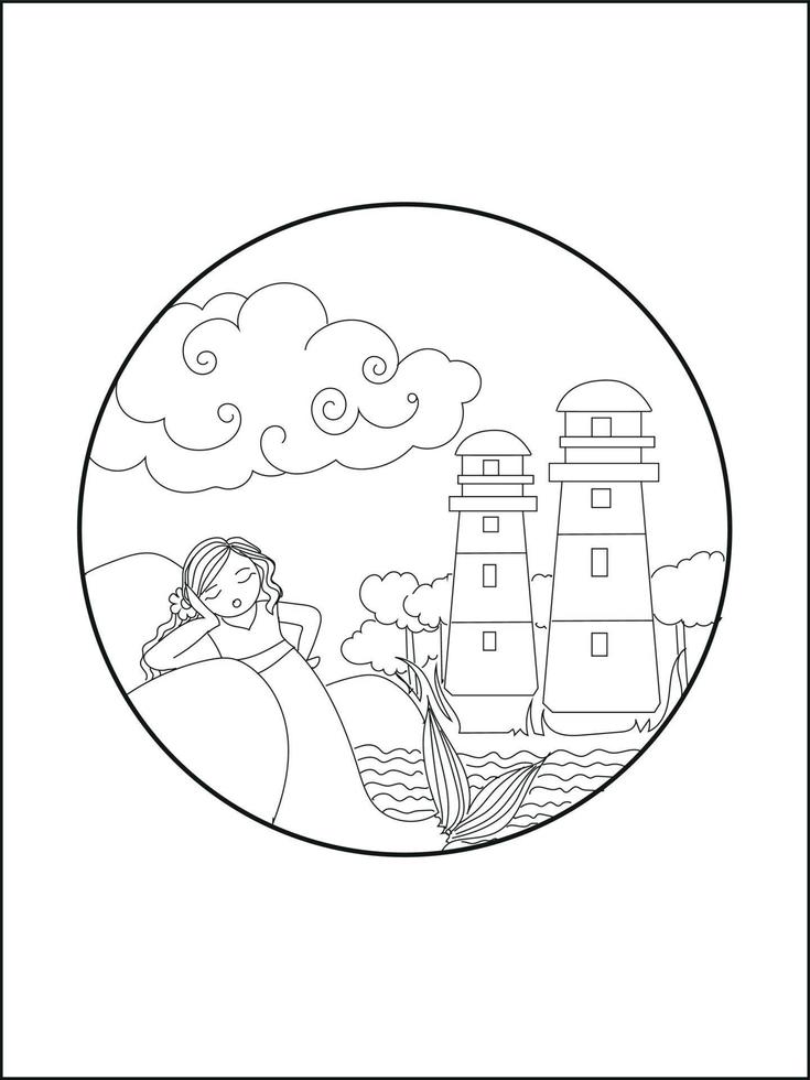 Cute mermaid coloring book. Vector black and white coloring page.