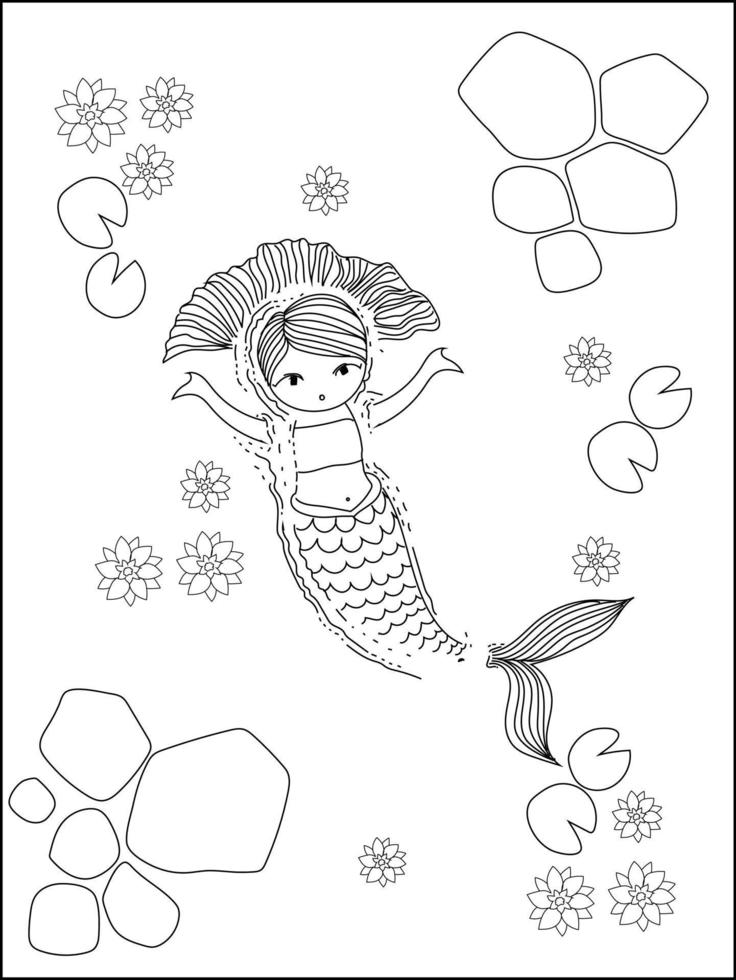 Mermaid swimming in the ocean. Mermaid coloring page. Underwater world coloring book. vector