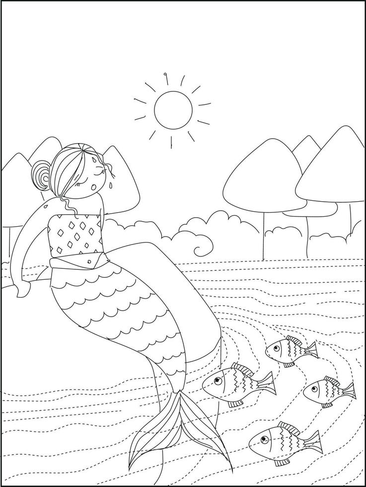 Young mermaid swimming in the ocean. Beautiful princess mermaid Coloring Page. vector