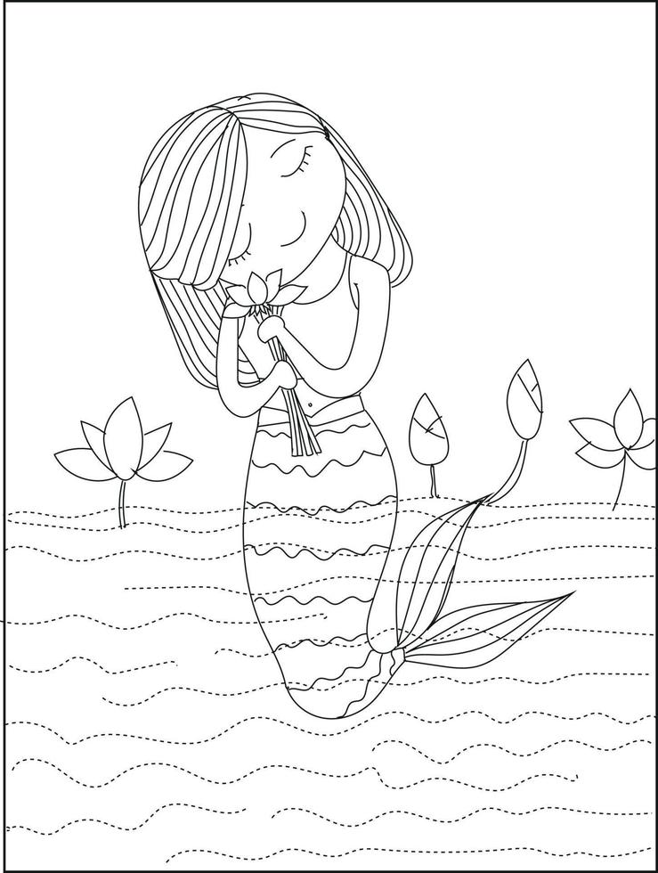 Cute cartoon mermaid swimming with flowers. Detailed zentangle mermaid for coloring page vector