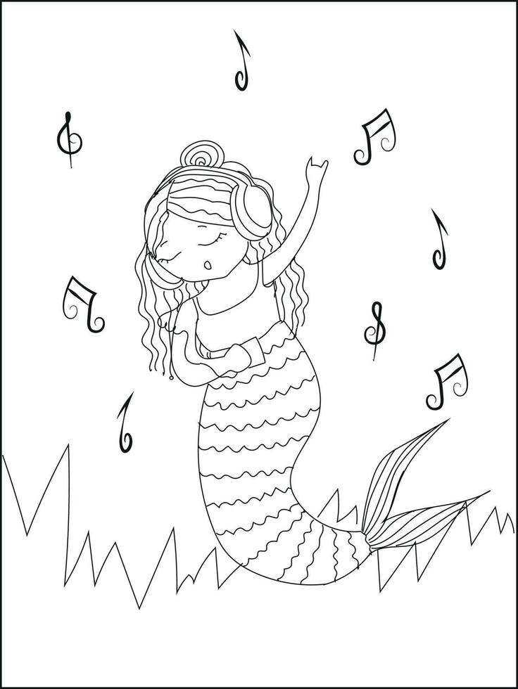 linda sirena de dibujos animados nadando con flores. Sirena zentangle detallada para colorear página vector