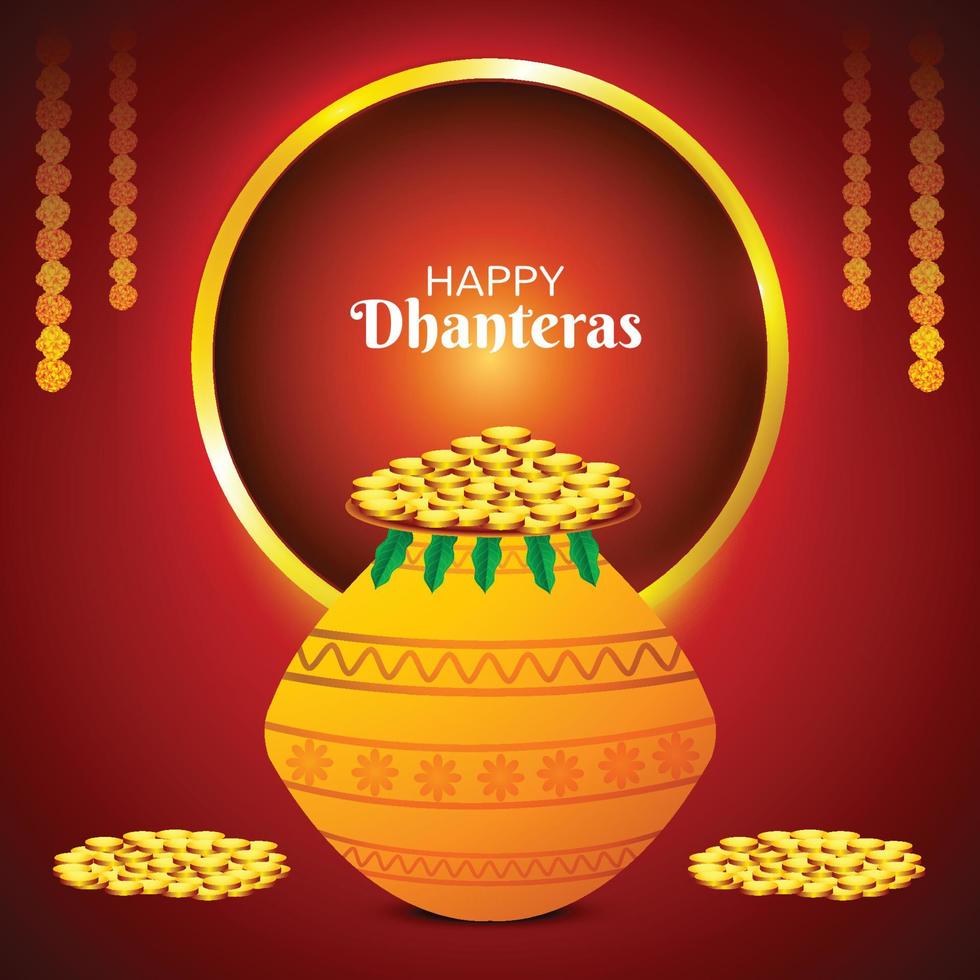 Indian religious festival happy dhanteras on gold coin in pot background vector