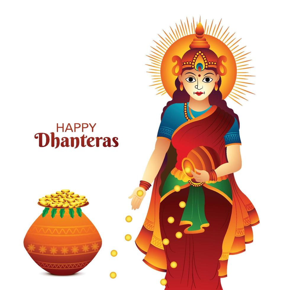 Goddess maa laxmi illustration with gold coin in pot haapy dhanteras background vector