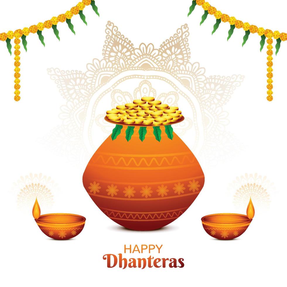Indian religious festival happy dhanteras on gold coin in pot background vector